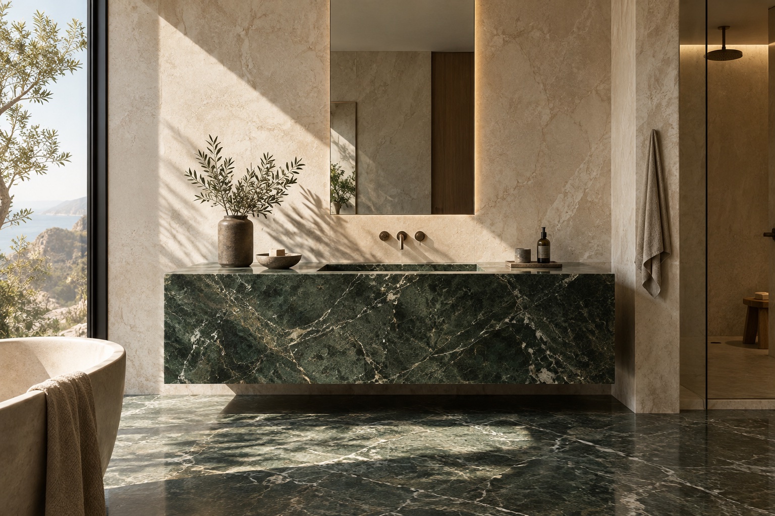 Application concept: dark green marble vanity with full-height stone walls