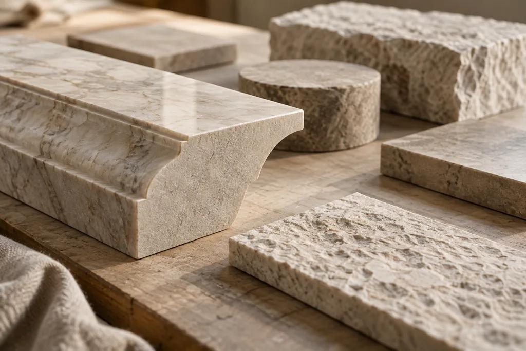 AI-generated editorial study of profiled natural stone edges and cut pieces