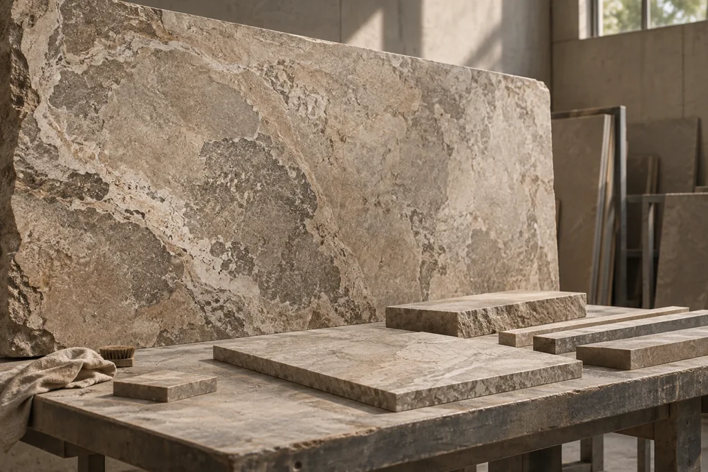 AI-generated editorial workshop study of stone pieces being reviewed beside a slab