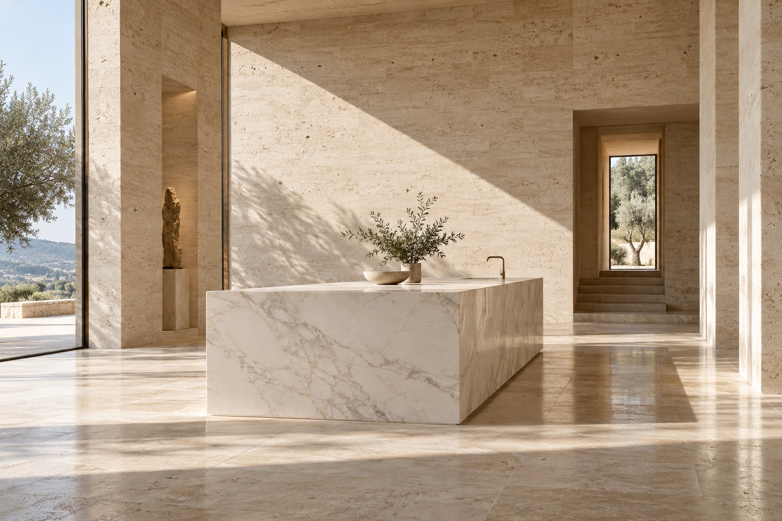 Architectural concept with warm travertine walls, natural daylight and a veined marble island