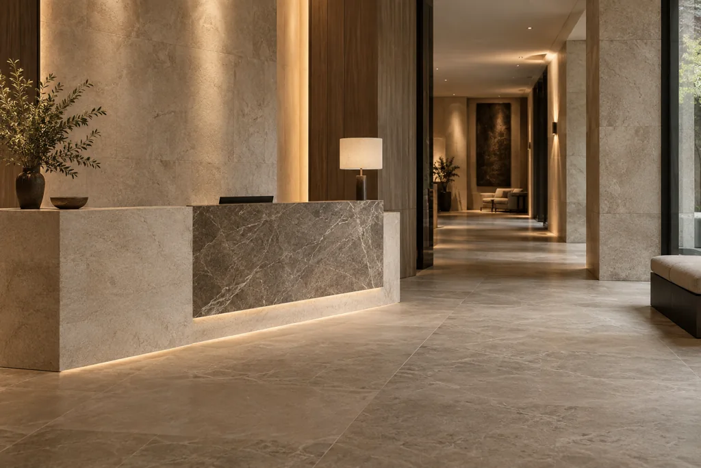 AI-generated hotel lobby concept with natural stone flooring and a marble reception desk