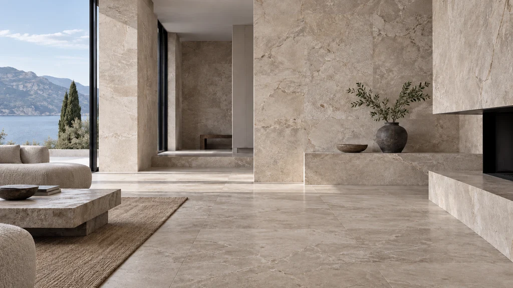 Conceptual contemporary interior with large-format natural stone floors and walls in warm daylight