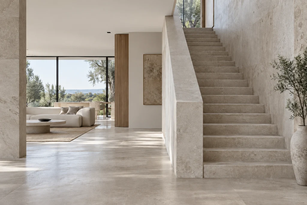 Residential application concept with a limestone staircase and natural stone walls
