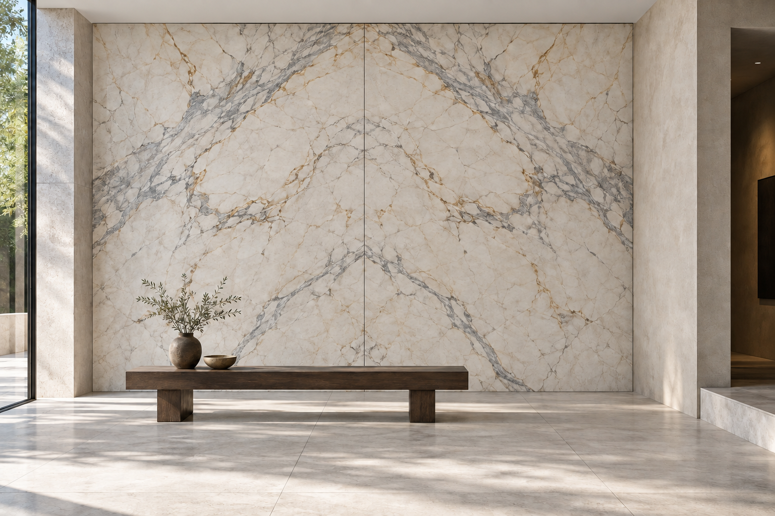 Bookmatched marble feature wall